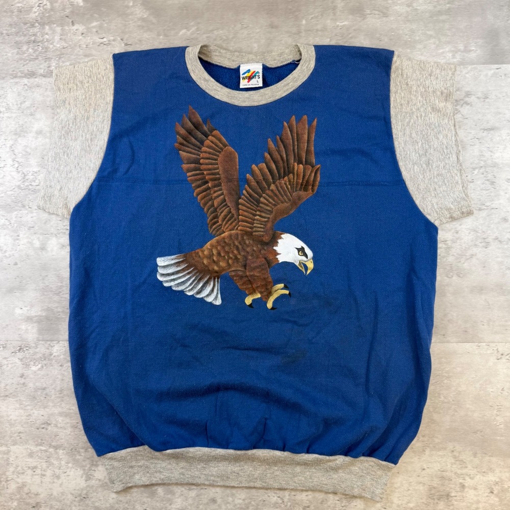 Vintage Wrights Short Sleeve Sweatshirt Blue Gray Eagle Graphic Mens Large L